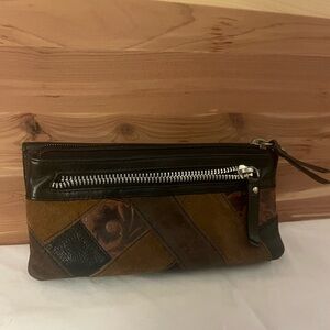Vintage Fossil Brown Nd Black Patchwork Suede & Leather Zip Wallet W Buttons